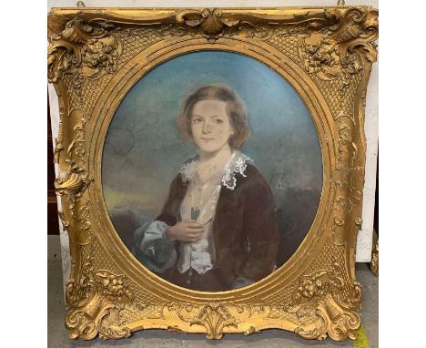 English school, early 20th century, portrait of a female, oval watercolour in a gilt frame, 75cm x 64cm 