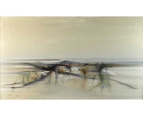 ARR Kit Barker (1916-1988) Tywi's Mouth, abstract landscape, signed and titled verso, oil on canvas, 60 x 102 cm, frame 65 x 