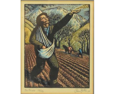 ARR John Petts (1914-1991) The Sower, signed lower right, numbered 12/15, 1938, woodcut with colours, 12.7 x 10 cm (PL), fram