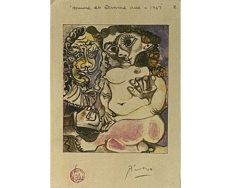 After Pablo Picasso (1881-1973) Home et Femme Nue, 1967, framed bookplate, 17.5 x 14.5 cm (i), frame 40 x 32 cm, together wit