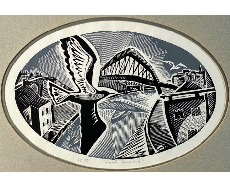 Kirill Sokolov (1930-2004) The Bird, signed and dated 1977 below, woodblock print, oval, 27 x 42 cm, frame 46 x 61 cm, togeth