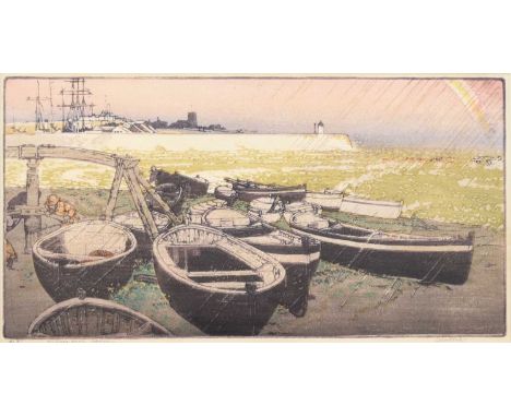 ARR John Edgar Platt (1886-1967) Pilchard Boats, Cornwall, signed lower right, XLI, woodcut in colours on Japan paper, 16.5 x