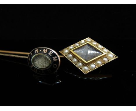 An unmarked gold stick pin with lozenge shaped woven hair panel finial framed by pearls, engraved "Nellie" to reverse and an 