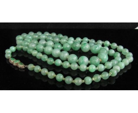 A jade bead necklace with 9ct gold clasp, 68cm long, 49g 