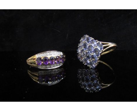 Two 9ct gold rings, one amethyst and diamond the other lozenge multi stone set diamond and blue stone. Sizes R and T, 5.7g