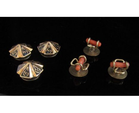 Two sets of three studs including gold and black enamel and coral set examples, unmarked, 6.5g