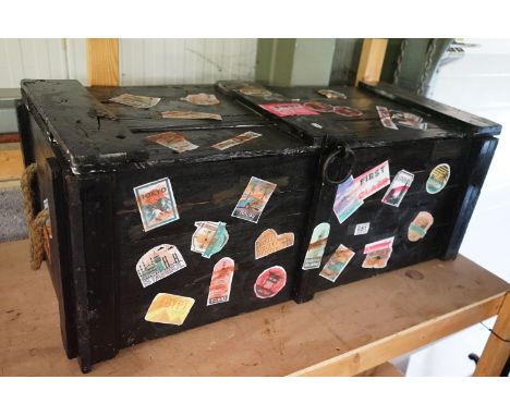 Black Painted Wooden Trunk / Box with applied replica travel stickers, 95cm long x 37cm high 