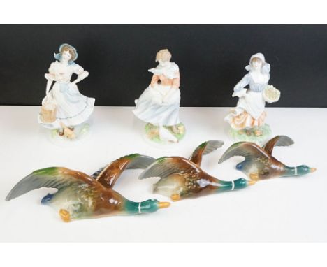 Three Royal Worcester 'Old Country Ways' ltd edn lady figures (Rosie Picking Apples, A Farmer's Wife &amp; The Milkmaid), plu