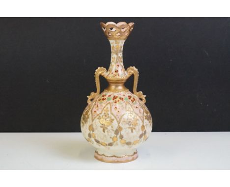 M Redon Limoges twin-handled urn vase with hand enamelled floral decoration on pink &amp; cream ground, with gilt details, ap