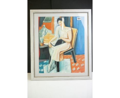 A framed oil painting portrait of a seated young lady with book in an interior, 52 x 42.5cm, framed 