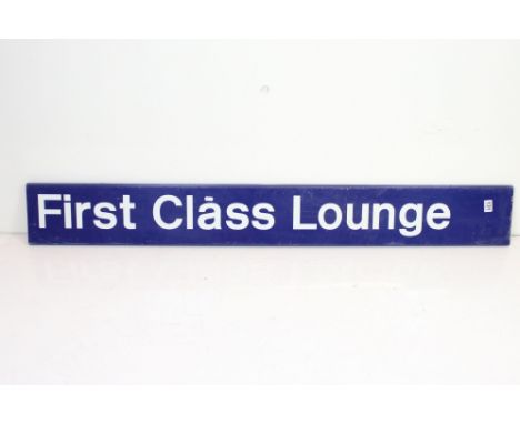 Railwayana - First Class Lounge metal sign, with white lettering on cobalt blue ground, approx 152cm W x 19.5cm H 