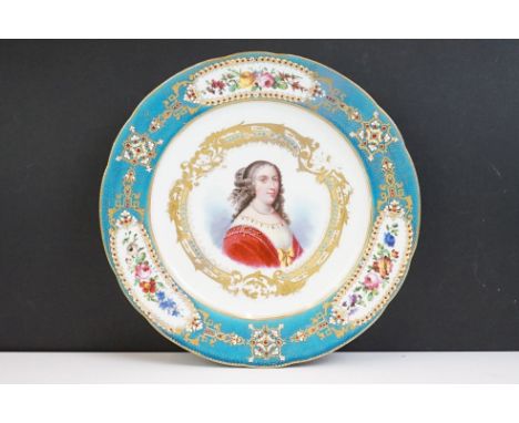 Sevres 19th century French Porcelain Cabinet Plate, hand painted with a portrait of Madame de Sevigne within a gilt and jewel