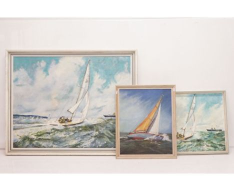M. Mills, sailing boat at sea, oil on canvas, 70 x 90cm framed together with two similar smaller paintings by the same artist