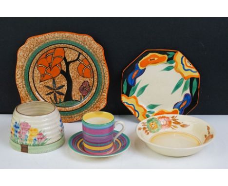Clarice Cliff - Six pieces to include a Clarice Cliff for Wilkinson Pottery 'Liberty Stripe' coffee can &amp; saucer, Clarice