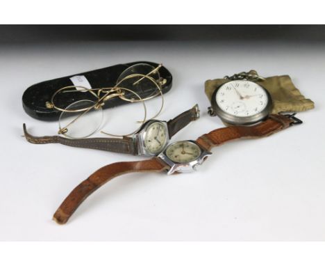 Two vintage wristwatches together with a pocket watch with Albert chain and a set of cased spectacles. 