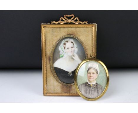 Two 19th century watercolour portrait miniatures depicting Victorian females, both framed &amp; glazed (largest approx 8cm x 