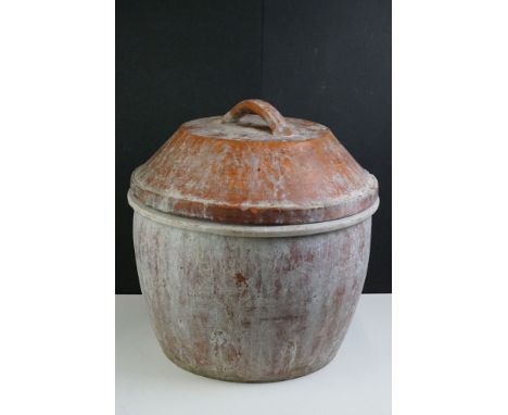 A large vintage glazed terracotta crock with lid, approx 47cm high 
