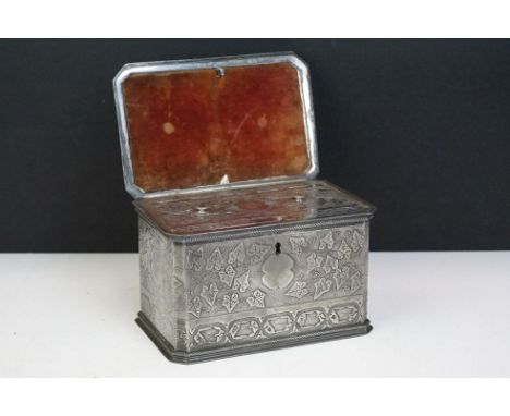Late 19th century Aesthetic Movement silver plated twin-compartment tea caddy, with repousse &amp; chased design depicting te