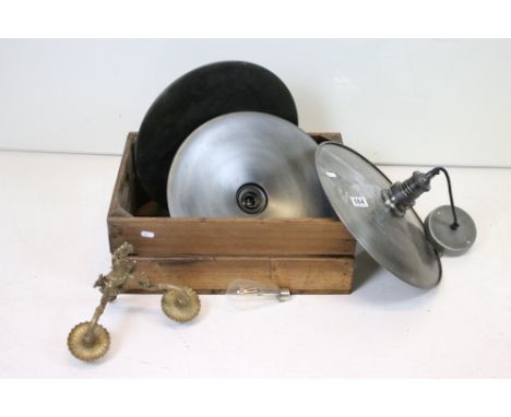 Three Industrial style Brooklyn Metal ' Flying Saucer ' Light Shades, approximately 40cm diameter together with a Gilt Metal 