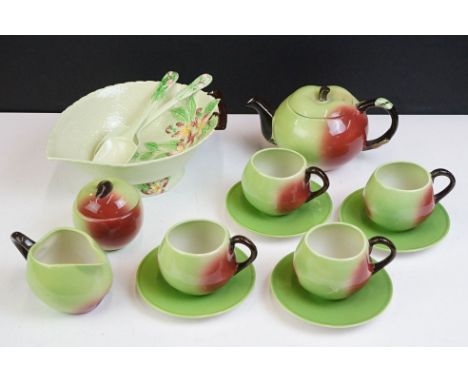 Carlton Ware 1970's apple tea set to include teapot &amp; cover, 4 mugs &amp; saucers, sugar bowl &amp; cover and milk jug; p