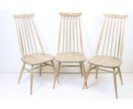 Set of Eight Ercol Beech and Elm ' Goldsmith ' Dining Chairs, model 369, each chair 43cm wide x 97cm high 