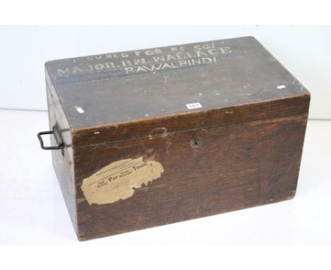 19th century Oak Silver or Cutlery Strong Box, the hinged lid opening to two blue fabric lined lift out trays (some fittings 