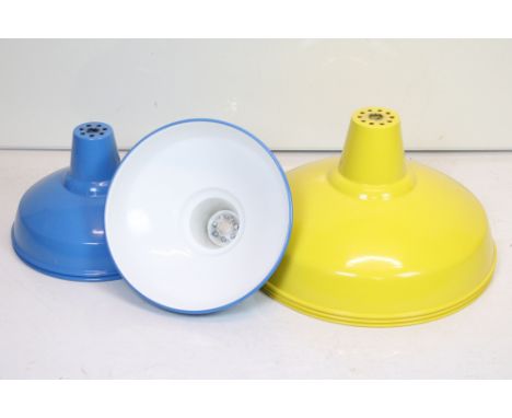Set of Three Large Industrial style Metal Light Shades with a yellow finish, approximately 50cm diameter together with a Set 