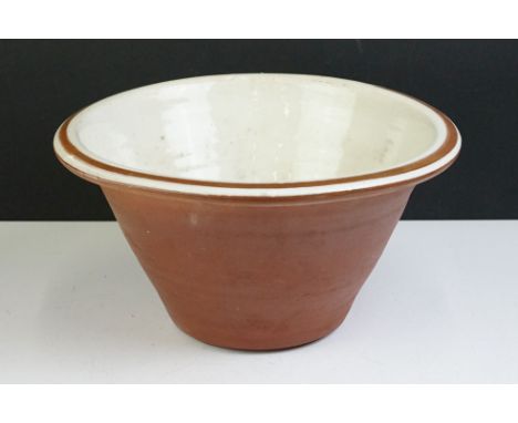 Vintage glazed terracotta dairy bowl, conical form, approx 33cm diameter 