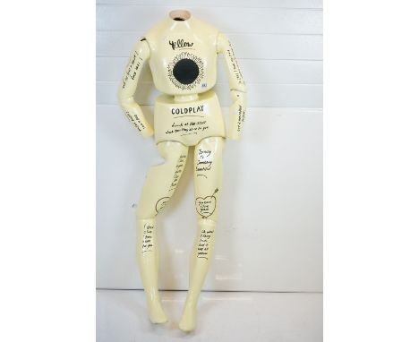 Life Size Headless Mannequin, hand painted in Yellow with all over Black ' Coldplay ' Lyrics, 148cm tall 