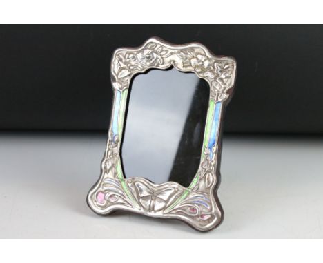 A silver and enamel art nouveau style easel back picture frame 