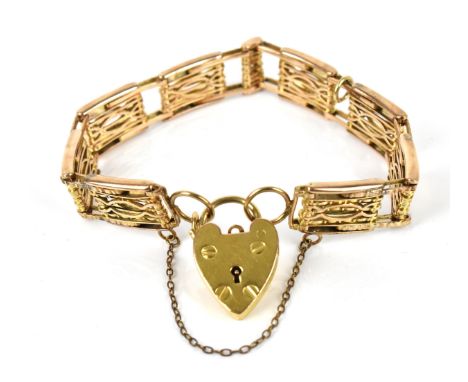 A 9ct yellow and rose gold fancy gate bracelet, with heart padlock clasp and safety chain, weight 26 grams 