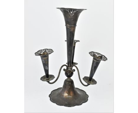 An Edwardian silver epergne, Birmingham 1907, with central trumpet vase and three smaller ones, each designed with everted pe