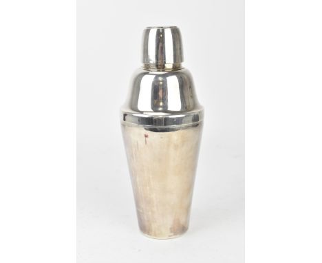 An Art Deco silver cocktail shaker, circa 1920, of tapered cylindrical form, the lid with a commemorative Louis XV coin, Herm