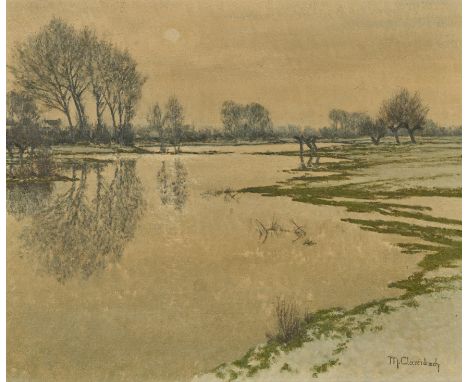 CLARENBACH, MAX1880 Neuss - 1952 Wittlaer/DüsseldorfTitel: Wintertag am Niederrhein. Technik: Öl auf Leinwand. Maße: 50,5 x 6
