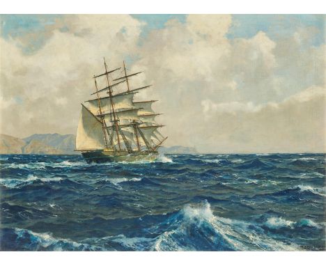 DIEMER, MICHAEL ZENO1867 München - 1939 OberammergauTitel: Dreimaster im Wind vor südlicher Küste. Technik: Öl auf Leinwand. 