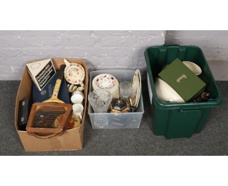 Three boxes of miscellaneous to include cabinet plates, vintage tennis racket, sadler teapot, glasswares etc.  