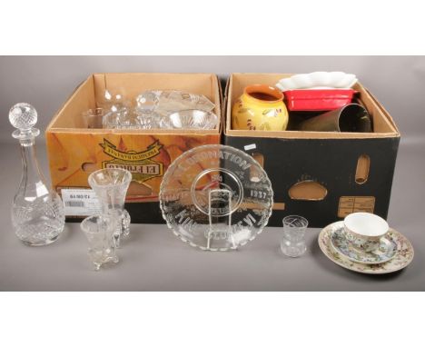 Two boxes of miscellaneous, cut crystal glass decanters, vases, bowls, commerative  King George VI bowl, ceramic dishes, vase