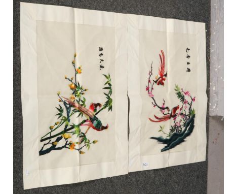 Two oriental wall tapestry on fabric, birds/floral designs  