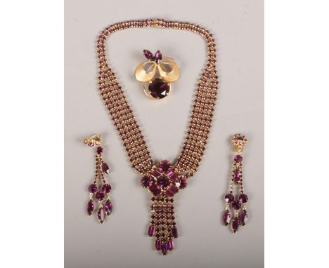 A vintage amethyst effect and gilt metal suite of jewellery including necklet, brooch and earrings.  