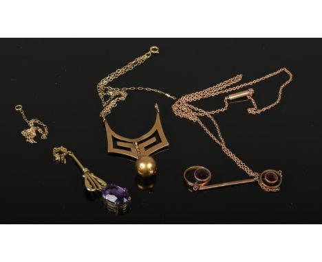Three 9ct gold pendants and necklaces including amethyst and garnet. 7.94 grams gross.  With some damage.