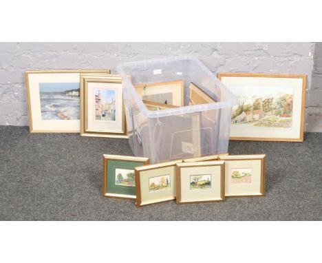 A box of framed tapestry, watercolours, prints, floral, rural scene  