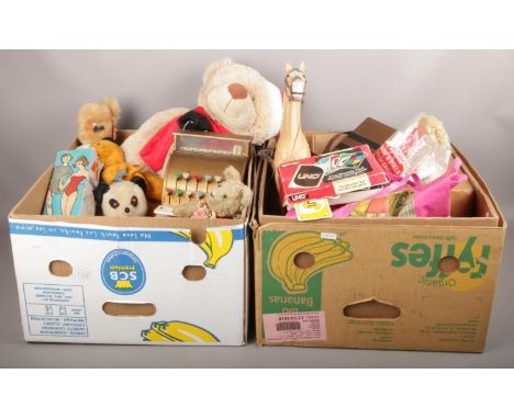 Two boxes of vintage children's toys, Sooty &amp; Sue hand puppets, Codeg toy cash till, Suedecraft Wot Not Tib/Black bird, v