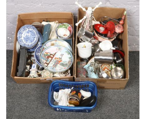 Two boxes of miscellaneous, Royal Worcester Egg Coddler, Aynsley Bone china pin brooch, ceramic plates, costume jewellery etc