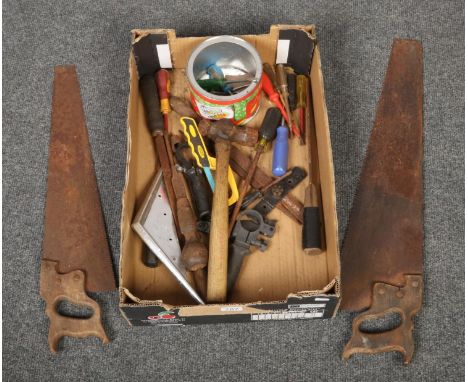 A box of tools to include saws, screwdrivers, chisels etc.  