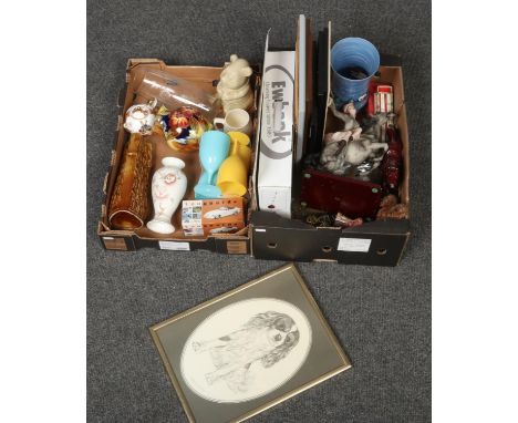 Two boxes of miscellaneous, to include Pollyanna Pickering print, Oldcourt Ware, horse brasses, Bracken vase etc.  