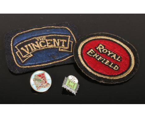 Two vintage Isle of man TT enamel motorcycle badges and two embroidered badges the Vincent and Royal Enfield.  