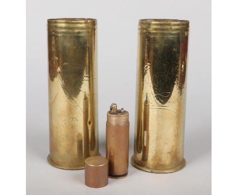 A large World War I Trench Art lighter. Along with two brass Trench Art artillery shells, one inscribed Peronne, 23cm.  Light