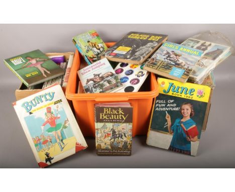Three boxes of mainly vintage children's books, Bunty 1965 edition, Black Beauty, June 1962 edition examples  