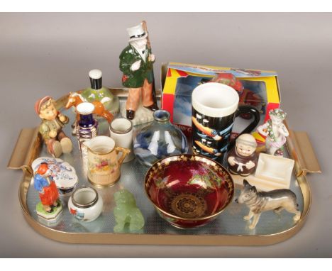 A good tray of ceramics and collectables including Royal Worcester jug, Devon Lustrine bowl, Cobridge vase, Hummel figures, C