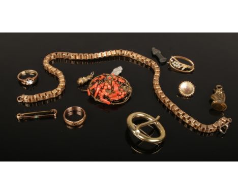 A box of vintage gilt dress jewellery including a coral brooch.  